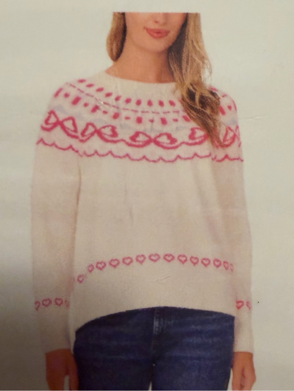 Vince Camuto Cream Sweater with Pink Yoke Hearts and Bows NWT